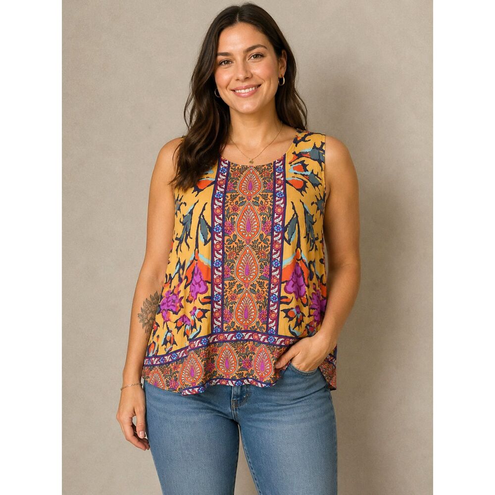 Haute Hippie Style Boho Paisley Border Print Sleeveless Tunic Top
